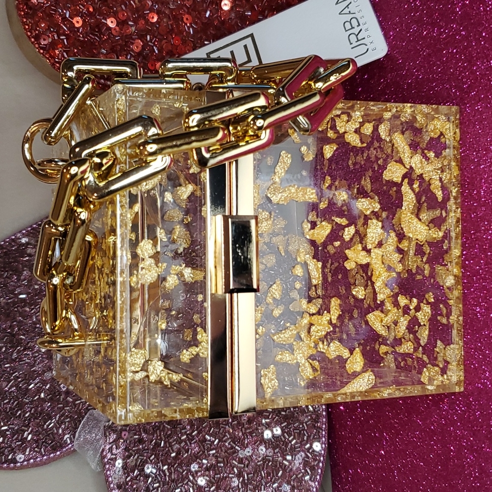 🎉HP🎉Urban Expressions 💜NWT💜 Acrylic Gold Foil Box Bag & Gold Chain Handle! - Picture 13 of 15